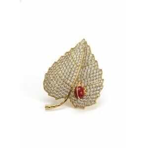 Elegant Gold Plated Leaf &Lady Bug Brooch Pin for Women Red & White Crystals